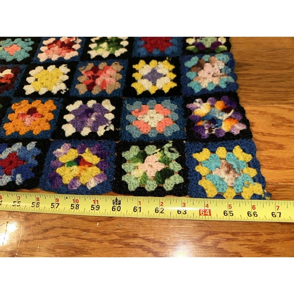 VTG 60's Colorful Granny Square Crochet Afghan Blanket Wool 41